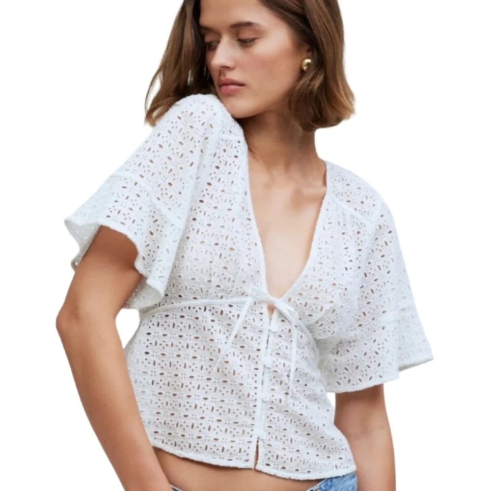 Madewell Lua Eyelet Lace White Cotton Blouse Wrap Top Size S NWT - Picture 12 of 12
